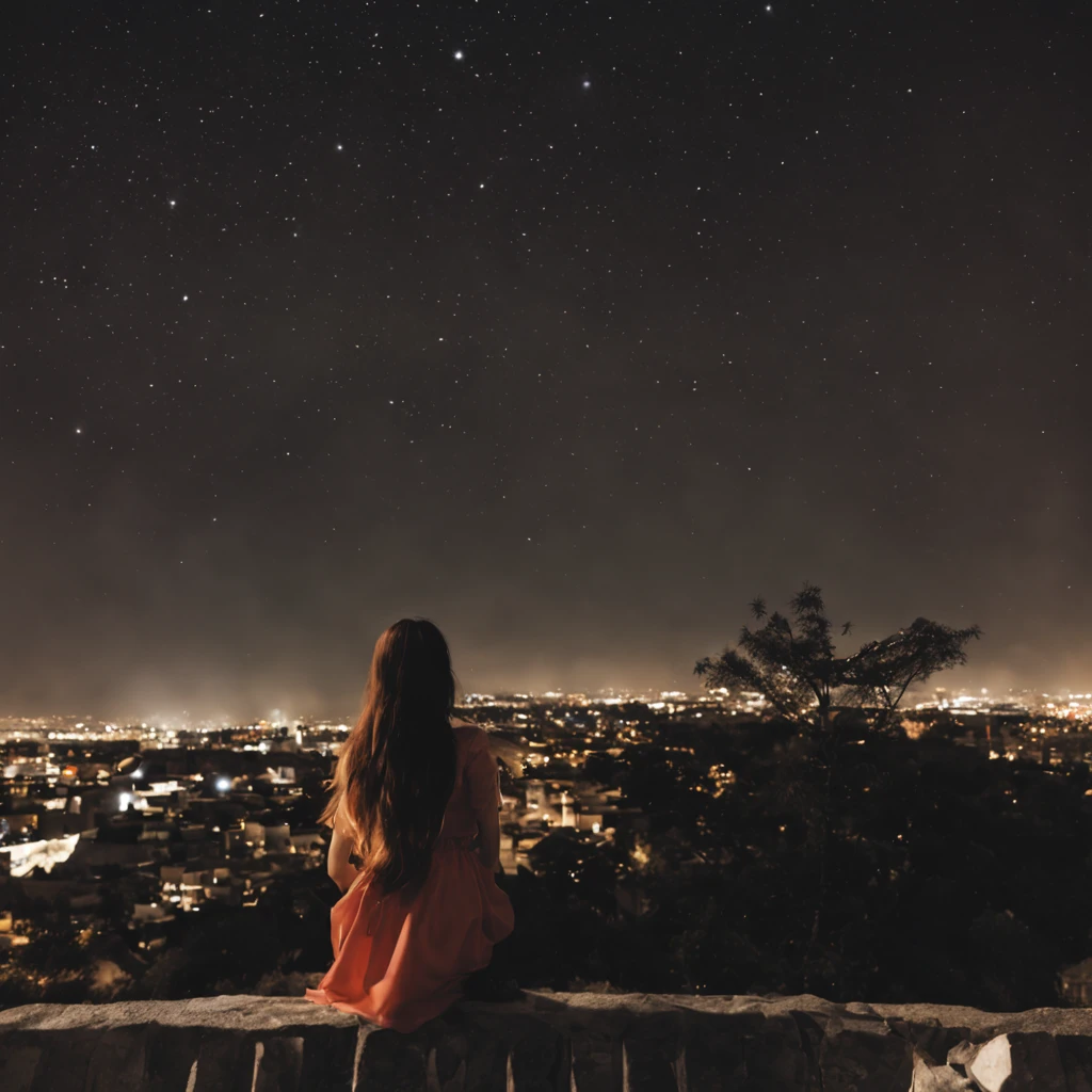 sky, star (sky), scenery, starry sky, night, 1girl, night sky, solo, outdoors, building, cloud, milky way, sitting, tree, long hair, city, silhouette, cityscape