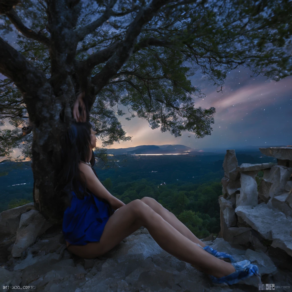 sky, star (sky), scenery, starry sky, night, 1girl, night sky, solo, outdoors, building, cloud, milky way, sitting, tree, long hair, city, silhouette, cityscape