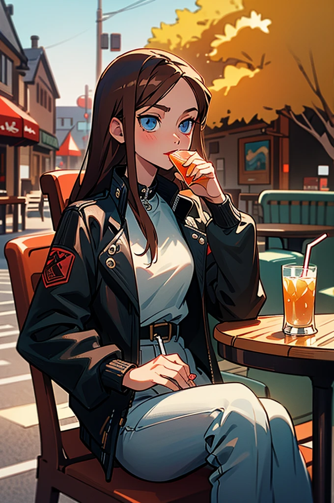 An anime-style girl with long brown hair and blue eyes sits at an outdoor cafe table, which has a glass with a drinking straw in it, suggesting she is having a beverage. She's wearing a black leather jacket, and her attire includes a white shirt with black patterns, possibly leopard print. The girl is wearing red lipstick, which adds to her stylish appearance. The seating features a red chair or perhaps a red mat on the table. The background shows a street scene that conveys a quiet and leisurely ambiance. The time appears to be approaching the afternoon, as indicated by the soft sunlight. There is no visible text in the image.