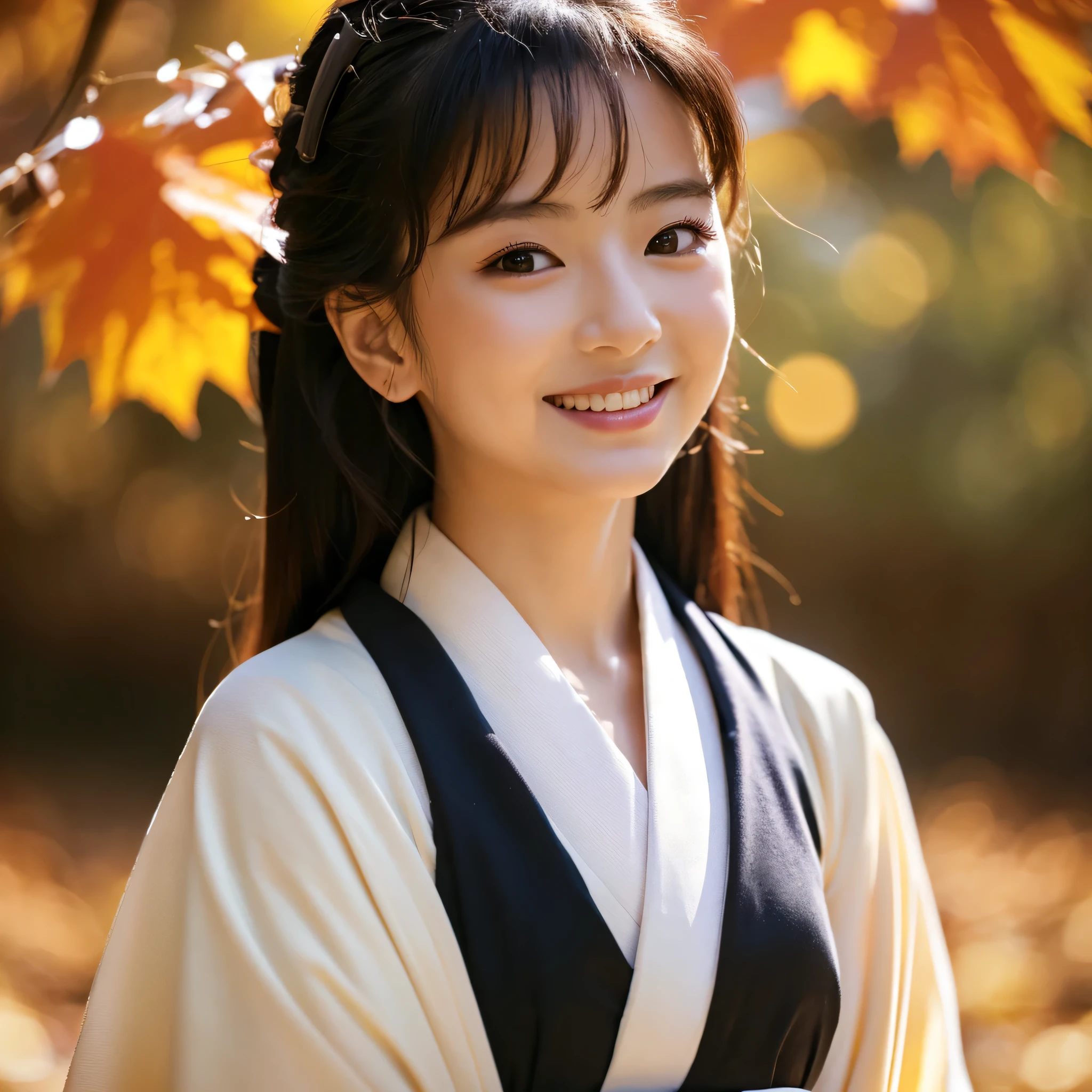 (Super beautiful woman in kimono)、((best qualtiy、8k masterpieces:1.3))、foco nítido:1.2、(ultra beautiful faces:1.0)、(shinny skin:1.0)、photos realistic、A dark-haired、Video Lighting、High-definition eyes and face、Video Lighting、Japanese actressl、from the front side、medium breasts、With a happy smile、wearing kimonos、Under the autumn leaves、highest grade obi