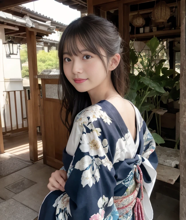 （ultra-detailliert、Raw photo、high-level image quality）、Beautiful yukata、A woman in her 30s wearing a yukata、a smile、Detailed back view、Kyoto Beauty