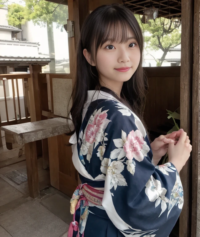 (ultra-detailliert、Raw photo、high-level image quality)、Beautiful yukata、A woman in her 30s wearing a yukata、a smile、Detailed back view、Kyoto Beauty