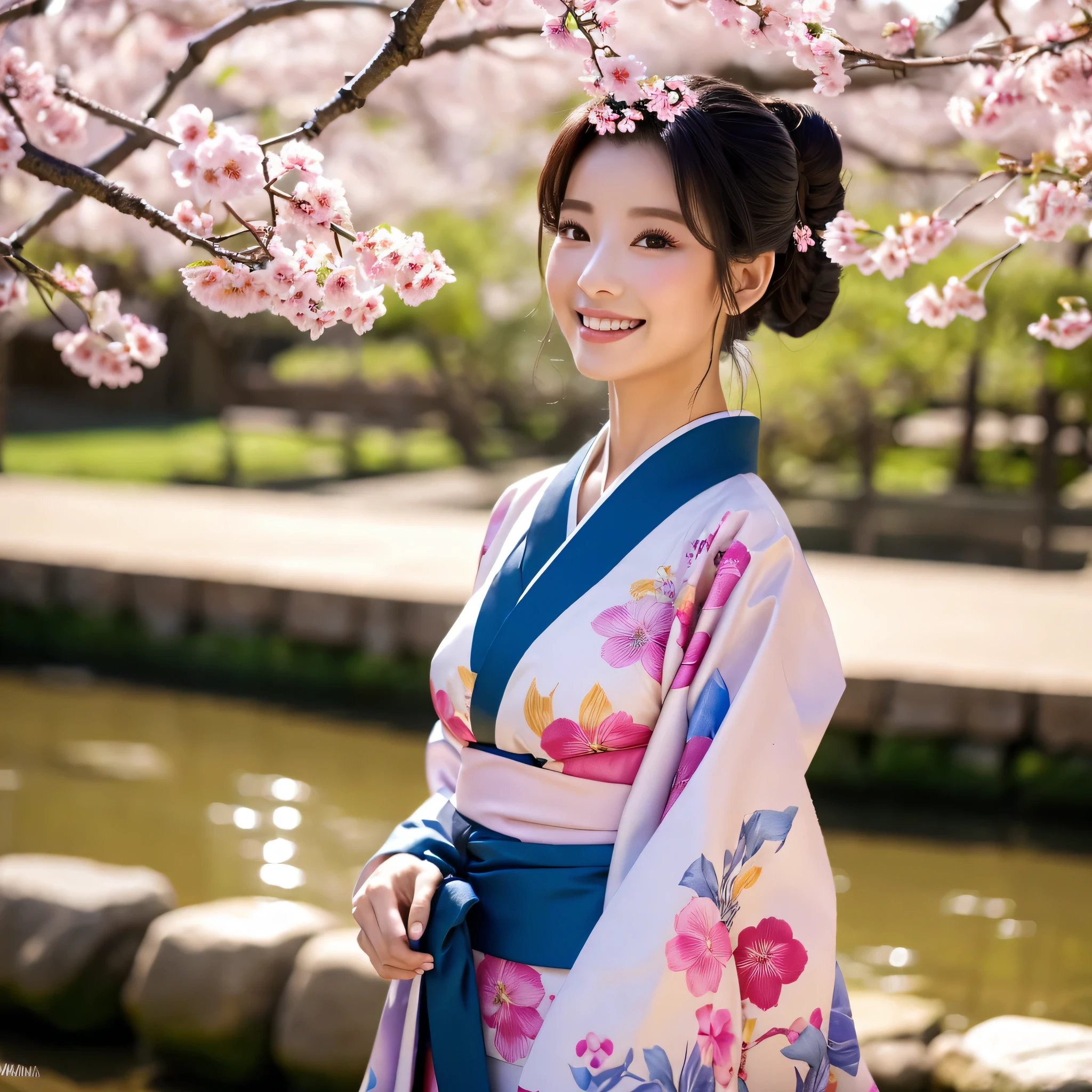 (Super beautiful woman in kimono)、((best qualtiy、8k masterpieces:1.3))、foco nítido:1.2、(ultra beautiful faces:1.0)、(shinny skin:1.0)、photos realistic、A dark-haired、Video Lighting、High-definition eyes and face、Video Lighting、Japanese actressl、from the front side、large full breasts、With a happy smile、Slender Abs Beauty、Whole body、wearing kimonos、cherry blossom in full bloom、luxury obi