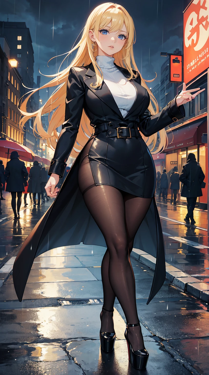 Black Canary, big breasts , deep cleavage, fishnet stockings, standing on a city street in midnight