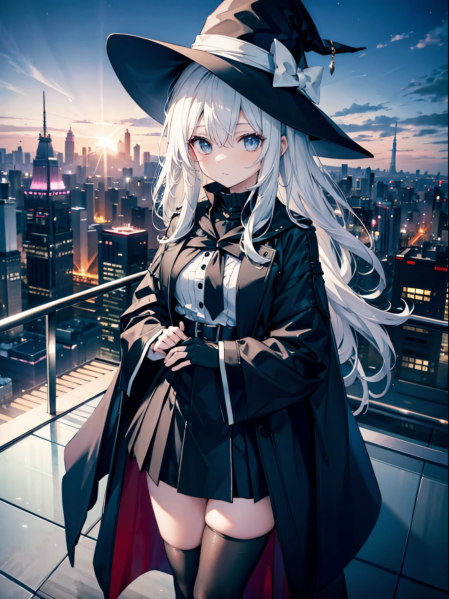 This is the rooftop of the tallest building in Tokyo.、You can look down on the city buildings from here.、It's night now、Woman wearing a large black witch hat with sapphire accessories、wearing a long black coat、She wears a sailor suit、she is wearing a checked skirt、knee-length black stockings、black running shoes with white laces、Short, pure white loose lob hair、small tits