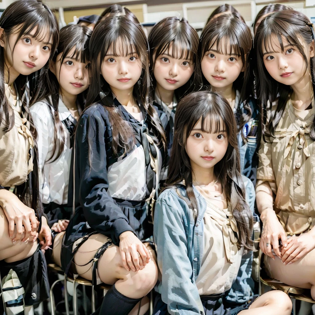 Raw photo、(((multiple girls))),((((6+girls)))),((((100girls)))),((((1000girls))))、((((100 Girls))))、Women only、((Everyone has the same face)),((matching school uniform))、17 years old、Long black hair、japanes、100 cute high school girls、a smile、Classroom、selfee、same person、(((Large group)))、High school students