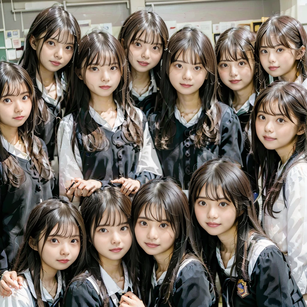 Raw photo、(((multiple girls))),((((6+girls)))),((((100girls)))),((((1000girls))))、((((100 Girls))))、Women only、((Everyone has the same face)),((matching school uniform))、17 years old、Long black hair、japanes、100 cute high school girls、a smile、‎Classroom、selfee、same person、(((Large group)))、High school students
