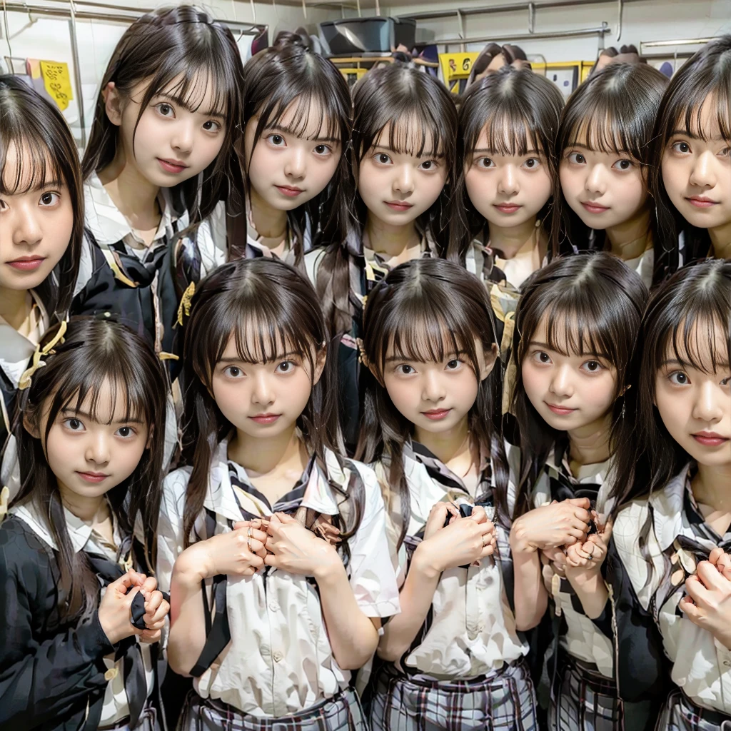 Raw photo、(((multiple girls))),((((6+girls)))),((((100girls)))),((((1000girls))))、((((100 Girls))))、Women only、((Everyone has the same face)),((matching school uniform))、17 years old、Long black hair、japanes、100 cute high school girls、a smile、Classroom、selfee、same person、(((Large group)))、High school students