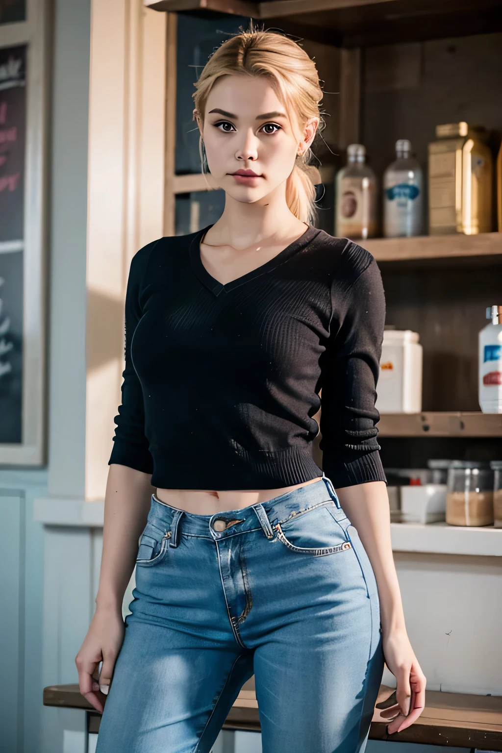 Betty Cooper est l'héroïne de la série Riverdale. Photo prise au réfectoire du lycée. Betty est décontractée et porte un pantalon en jean avec un pull, petite veste en cuir par dessus.