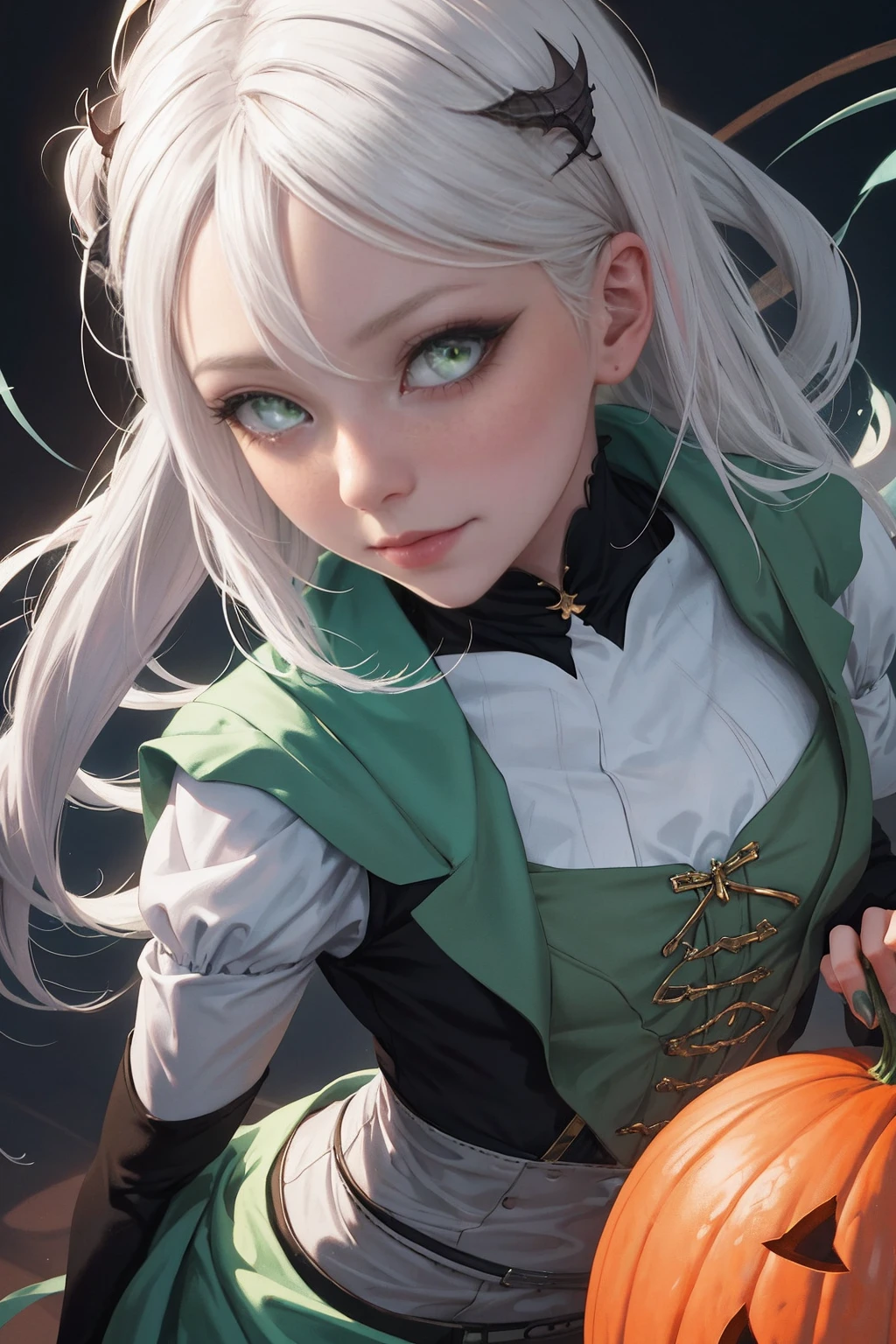 Close up portrait of woman in costume with white hair and light brown glowing eyes, Glowing green pumpkin, lois van baarle and rossdraws, artgerm and lois van baarle, artgerm and rossdraws, rossdraws cartoon vibrant, a beautiful succubus, ross tran style, rossdraws 2. 5, inspired by Ross Tran, halloween art style, very detailed Artgerm