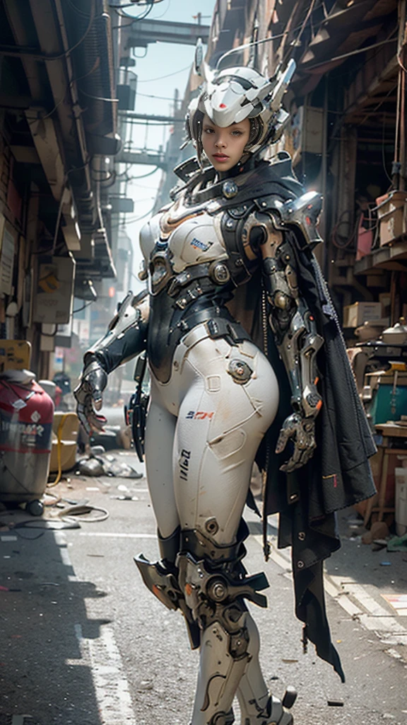 ((best quality)), ((masterpiece)), ((realistic)), (detailed), (photorealistic:1.5), a futuristic girl, (thick body), (white bodysuit), lights on armor, cybernetic headwear, looking at viewer, dynamic pose, post apocalyptic, destroyed city background, buildings on fire, science fiction, hdr, ray tracing, nvidia rtx, super-resolution, unreal 5, subsurface scattering, pbr texturing, post-processing, anisotropic filtering, depth of field, maximum clarity and sharpness, rule of thirds, 8k raw, (luminescent particles:1.4), (extremely detailed cg, unity 8k wallpaper, 3d, cinematic lighting, lens flare), reflections, sharp focus, cyberpunk art, cyberpunk architecture,