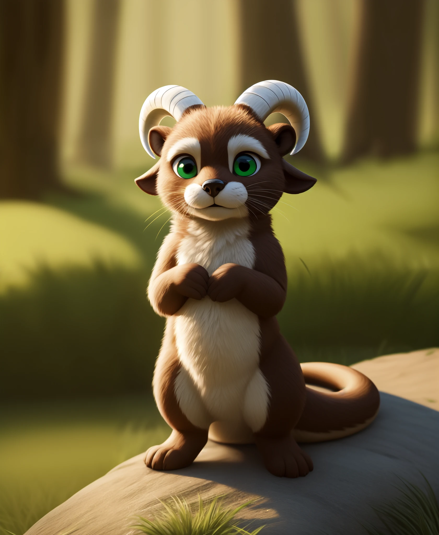 in the style of alsares,

male anthro cute lutrine otter with (curled ram horns:1.2) and detailed fur standing in forest with dense vegetation, tall grass, demon hybrid, chibi, adorable,

tail, detailed green eyes, hands_on_body,,

detailed_background, (photorealism:0.6), detailed fur, subsurface scattering, real life, depth of field,