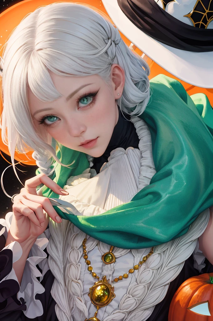 Close up portrait of woman in costume with white hair and light brown glowing eyes, Glowing green pumpkin, lois van baarle and rossdraws, artgerm and lois van baarle, artgerm and rossdraws, rossdraws cartoon vibrant, a beautiful succubus, ross tran style, rossdraws 2. 5, inspired by Ross Tran, halloween art style, very detailed Artgerm