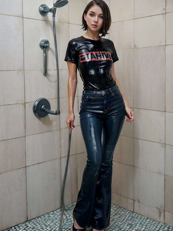 (Wide flares on jeans:1.2), (Water-soaked clothing:1.17), (Best Quality,hight resolution,bokeh:1.2),The woman,Pronounced wrinkles,Bob haircut,Detailed eyes and face,tshirt,(standing:1.0),(gloomy ecstasy:1.1), Posing, standing in shower, SoakingWetClothes, black high heel pumps, show heels