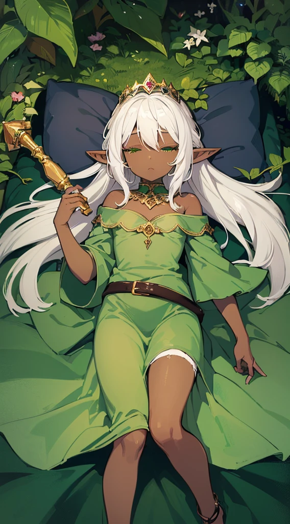 (((Very high image quality))),((Dark Skin)),(((Elf Woman))),(((White hair))),(((green eyes))),(((Seyxy body))),((Wearing a crown)),((Sleeping)),((Eyes closed)),((lying on the bed))
