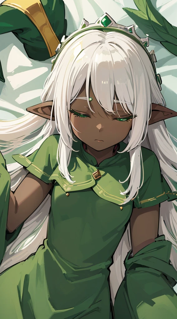 (((Very high image quality))),((Dark Skin)),(((Elf Woman))),(((White hair))),(((green eyes))),(((Seyxy body))),((Wearing a crown)),((Sleeping)),((Eyes closed)),((lying on the bed))