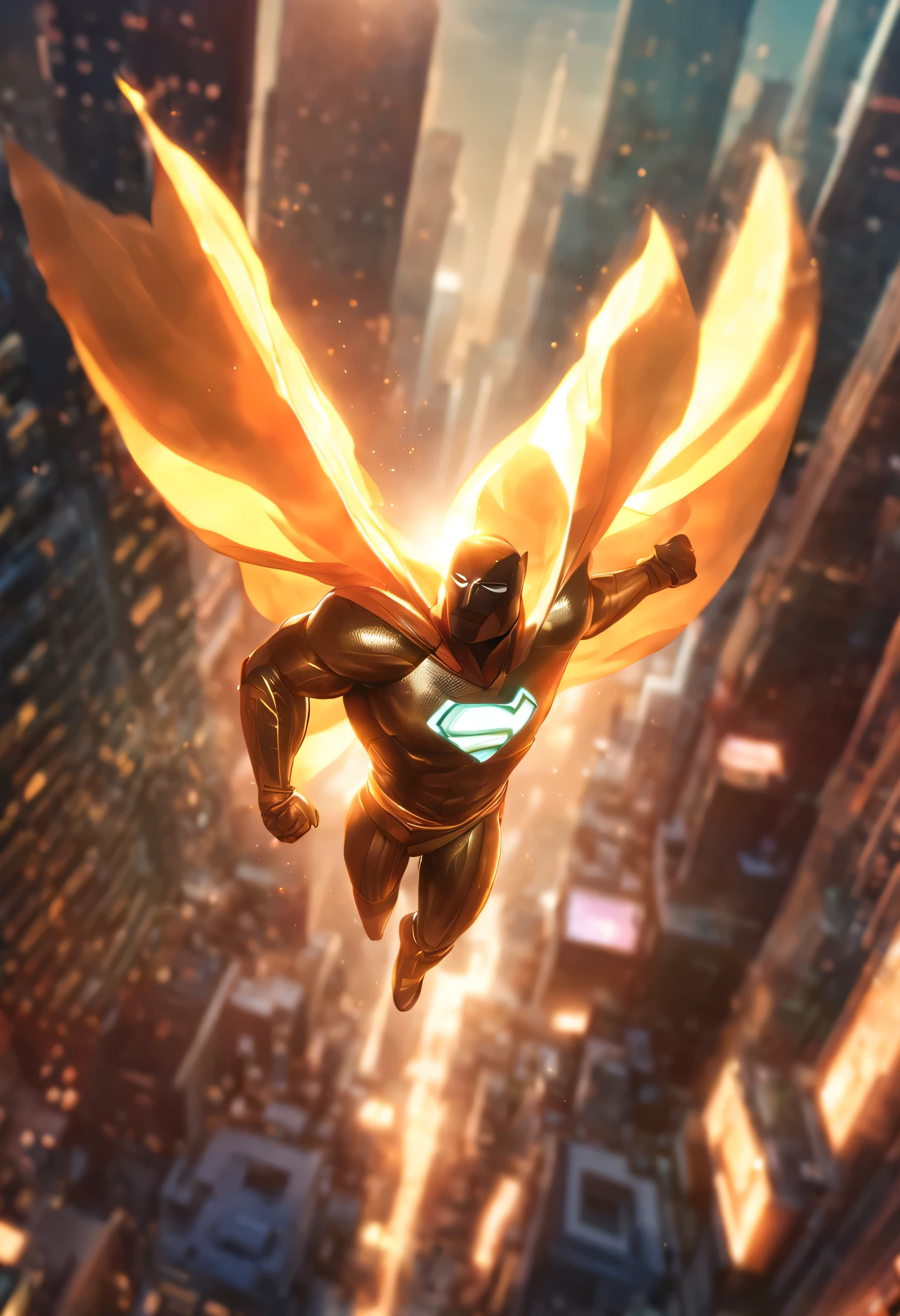 superhero flying over a city with open arms, bringing an aura of hope. He is wearing a shiny golden outfit, com uma capa longa e fluida que flutua ao vento. Your eyes are shining brightly, irradiando uma energia positiva e inspirada para todos que o veem. The city below is full of skyscrapers and bright lights, representing the life and perseverance of the inhabitants. Desenhe pessoas nas ruas, looking up with wonder and hope, while the superhero runs over them. Ao fundo, draw a colorful sunset, symbolizing a new beginning and a bright future. Make sure you capture the superhero&#39;expression, Conveying kindness and determination, as he spreads hope and inspiration across the city.