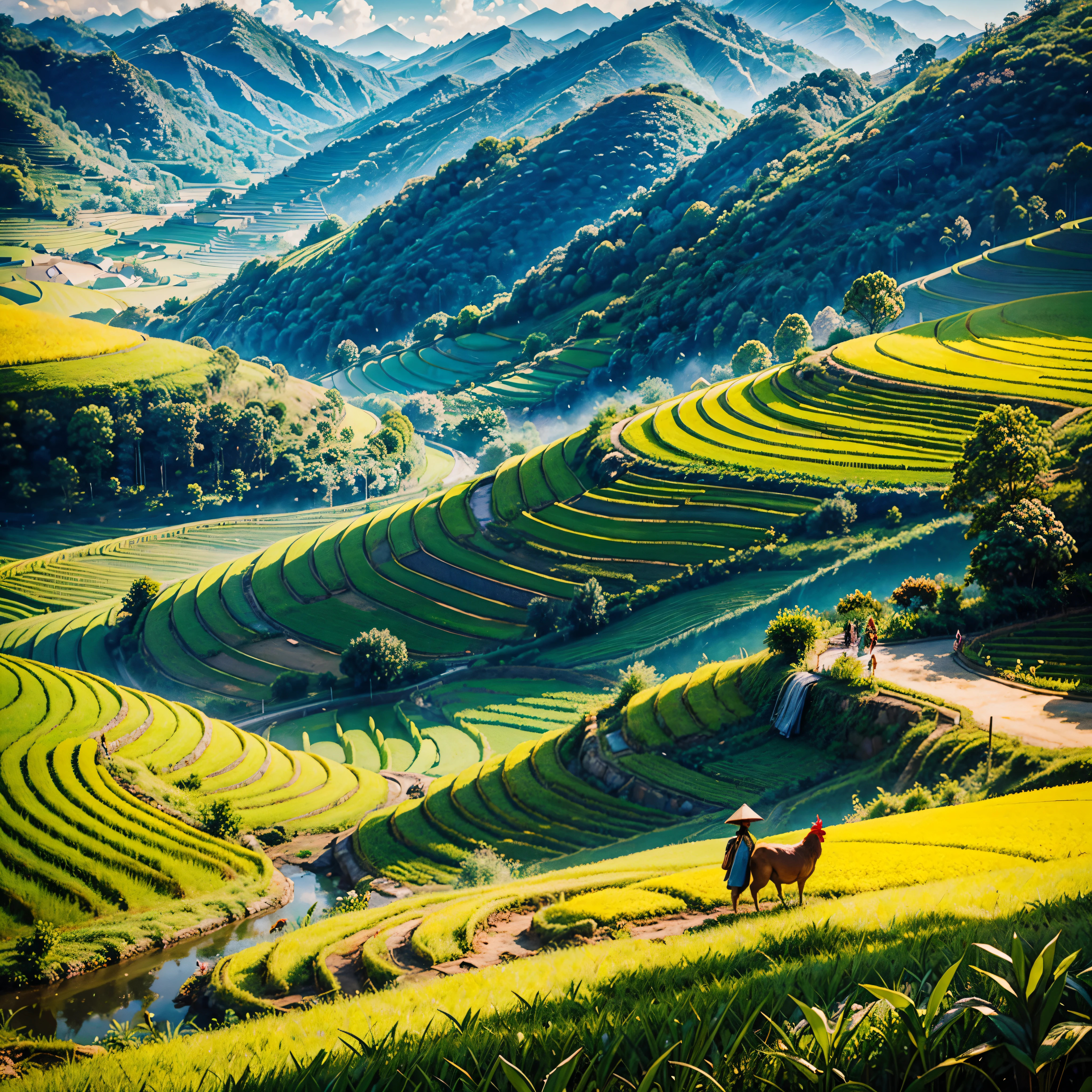 Sunshine Stunning, vibrant vivid colors-coded,deep path equirectangular farm life,ultra masterpiece meticulously intricate ultra_high-details ultra_high-def ultra_high-res ultra_high-quality optimal ultra_sharpness ultra_photo-realistic focus perfection accurate UHD XT3 DSLR HDR Octane_render Unrealengine5 volumetric SunLight scenic Southeast Asia stairs field,farmer working diligently,traditional Vietnamese farmer attire,natural sunlight illuminating the scene,colorful chickens happily pecking the ground,authentic Vietnamese rural setting,lush green rice terraces stretching into the distance,serene and picturesque landscape,peaceful and harmonious atmosphere,farmer's hardworking spirit,traditional farming techniques passed down through generations,cultural richness and heritage of Vietnam,meticulously detailed steps of the stairs field,subtle texture of the terraced fields,layered composition of the agricultural landscape,charming and idyllic countryside scene,immersive view of the rustic scenery,rich cultural context of Southeast Asia,Vietnamese craftsmanship and agricultural traditions shining through,authentic portrayal of the farmer's daily life,diligent caretaker of the land,stunning visual storytelling,emotionally captivating artwork,mesmerizing perspective capturing the essence of the moment,awe-inspiring depiction of the Southeast Asian farming community,inspiring and thought-provoking artwork,immersive and evocative piece of Southeast Asian art,exquisite attention to detail,showcasing the natural beauty and simplicity of rural life,meticulous craftsmanship and precision in each brushstroke,compelling narrative that sparks curiosity and imagination,stunning play of light and shadow across the scenery,evoking a sense of tranquility and serenity,embodying the timeless beauty of Southeast Asia's agricultural landscapes,inviting viewers to experience the charm and authenticity of Vietnam's countryside varies ❤ multi etc. --s 1000 --c 20 --q 20 --chaos 100