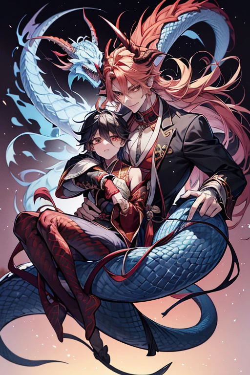 Painting of a woman with a demonic body and a snake-like tail, handsome japanese demon boy, demon male, human male demon, inspired by Masanobu Okumura, male djinn man demon hybrid, As an anthropomorphic dragon, male centaur centaur chimera, but As an anthropomorphic dragon, Young Male Antro Dragon