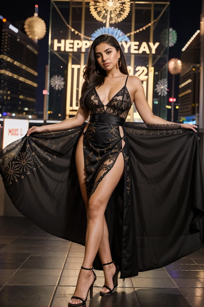 25-year old Mexican-American woman, wearing earrings, wearing long dress, dress slightly above knees, wearing high heels, standing, posing with hands on waist, legs crossed, full body shot, 45 degree angle, ((celebrating New Year's 2024)), in Las Vegas, night time, super detailed, 8k, intricately maximalist-details, extremely detailed, masterpiece