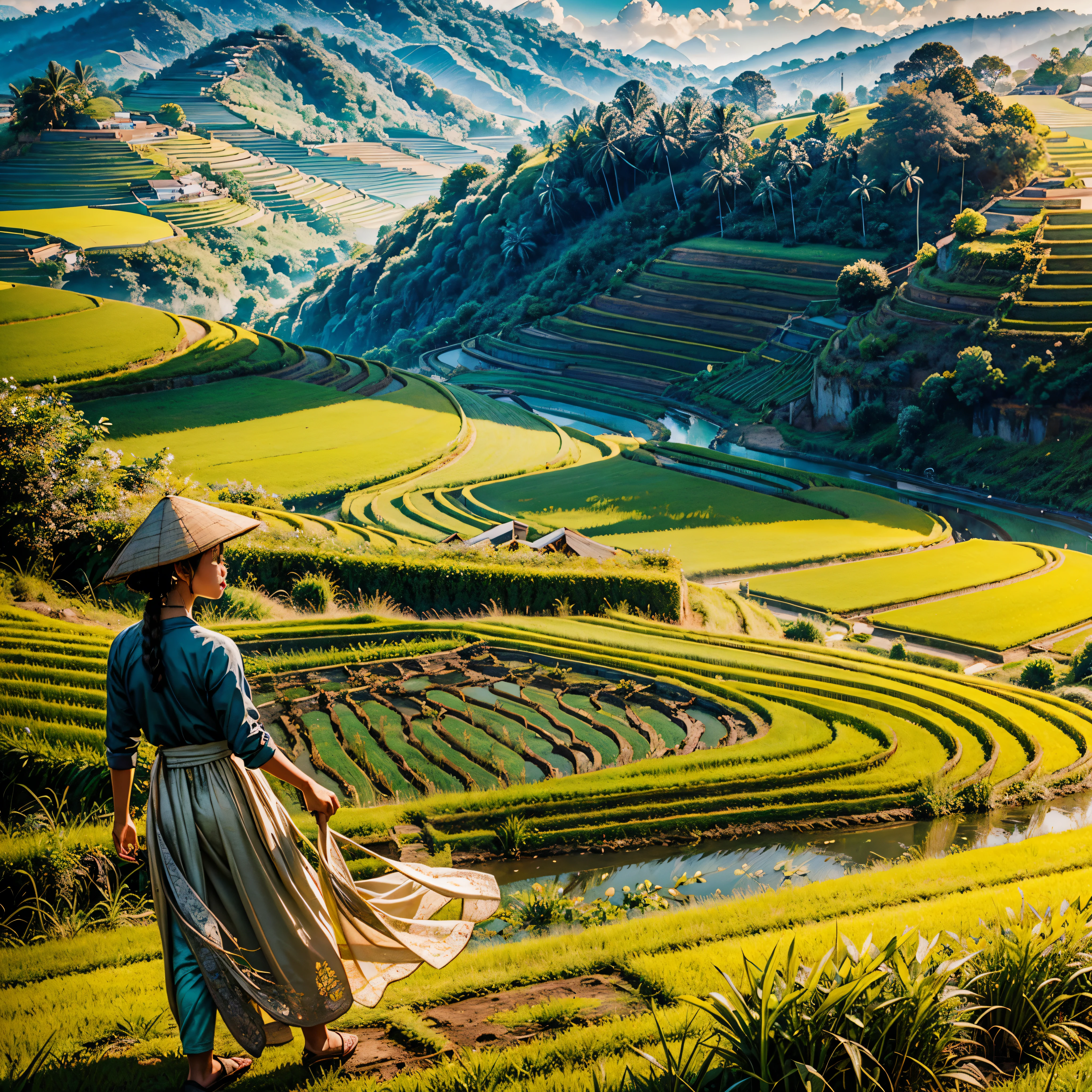 Sunshine Stunning, vibrant vivid colors-coded,deep path equirectangular farm life, ultra masterpiece meticulously intricate ultra_high-details ultra_high-def ultra_high-res ultra_high-quality optimal ultra_sharpness ultra_photo-realistic focus perfection accurate UHD XT3 DSLR HDR Octane_render Unrealengine5 volumetric SunLight scenic Southeast Asia stairs field,farmer working diligently,traditional Vietnamese farmer attire,natural sunlight illuminating the scene,colorful chickens happily pecking the ground,authentic Vietnamese rural setting,lush green rice terraces stretching into the distance,serene and picturesque landscape,peaceful and harmonious atmosphere,farmer's hardworking spirit,traditional farming techniques passed down through generations,cultural richness and heritage of Vietnam,meticulously detailed steps of the stairs field,subtle texture of the terraced fields,layered composition of the agricultural landscape,charming and idyllic countryside scene,immersive view of the rustic scenery,rich cultural context of Southeast Asia,Vietnamese craftsmanship and agricultural traditions shining through,authentic portrayal of the farmer's daily life,diligent caretaker of the land,stunning visual storytelling,emotionally captivating artwork,mesmerizing perspective capturing the essence of the moment,awe-inspiring depiction of the Southeast Asian farming community,inspiring and thought-provoking artwork,immersive and evocative piece of Southeast Asian art,exquisite attention to detail,showcasing the natural beauty and simplicity of rural life,meticulous craftsmanship and precision in each brushstroke,compelling narrative that sparks curiosity and imagination,stunning play of light and shadow across the scenery,evoking a sense of tranquility and serenity,embodying the timeless beauty of Southeast Asia's agricultural landscapes,inviting viewers to experience the charm and authenticity of Vietnam's countryside varies ❤ multi etc. --s 1000 --c 20 --q 20 --chaos 100