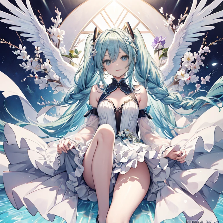 hatsune Miku、(ultra Realistic), (An illustration), (Highres), (8K), (highlydetailed), (the best illustration), (Beautiful Detailed Eyes), (beste Quality), (Super Detailed), (Master peace), (Wallpapers), (Detailed Face), solo, 1girl, Aristocratic dresses、White hair, Iris heterochromatic eyes, small moles under eye, medium chest, Long legs,Stunning composition,Foot braids,Beautiful and detailed legs