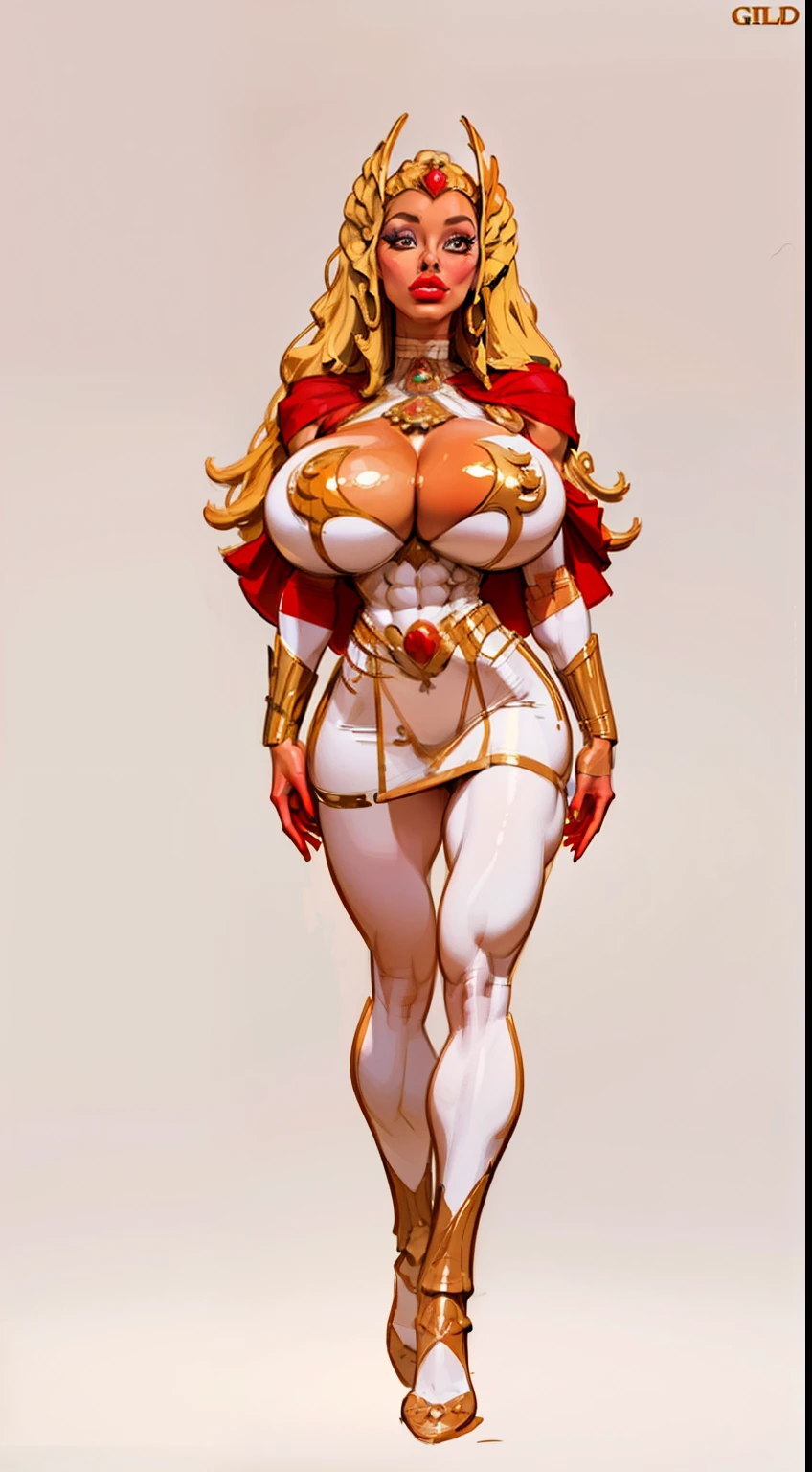 ((she-ra aesthetic)), ((full body view:1.4)), ((masterpiece)),(((best quality))), ((mature face)), defined cheekbones, high cheekbones, illustration, ((muscular:1.3)), ((gold:1.4)), sexy bimbo, (gigantic breasts:1.7) , blonde hair, ((detailed face:1.4)), gold bots, red cape, white dress, beautiful woman, (Egyptian:1.4), colored skin, (white skin:1.4) , (red lipstick:1.4), shiny skin, ((skindentation)), scribbles and marks,(puffy lips:1.4) , (temple: 1.5), ( at night: 1.5), rough sketches, pose, 8k,16k, ( background, white background: 1.3) ((white, gold and red color palette)), ((ancient aesthetic))