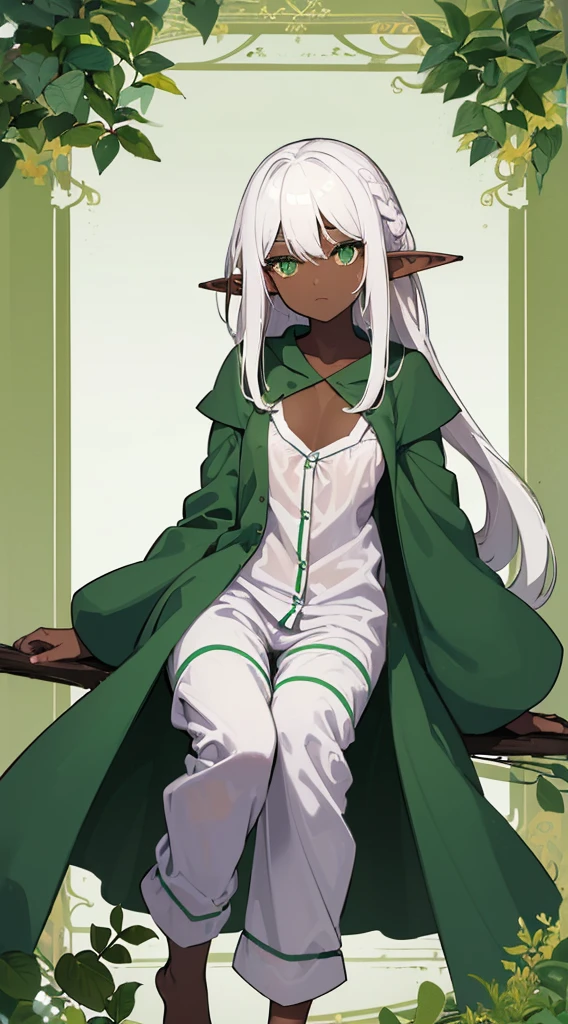 (((Very high image quality))),((Dark Skin)),(((Elf Woman))),(((White hair))),(((green eyes))),(((Seyxy body))),(Medium chest),((Wearing pajamas))