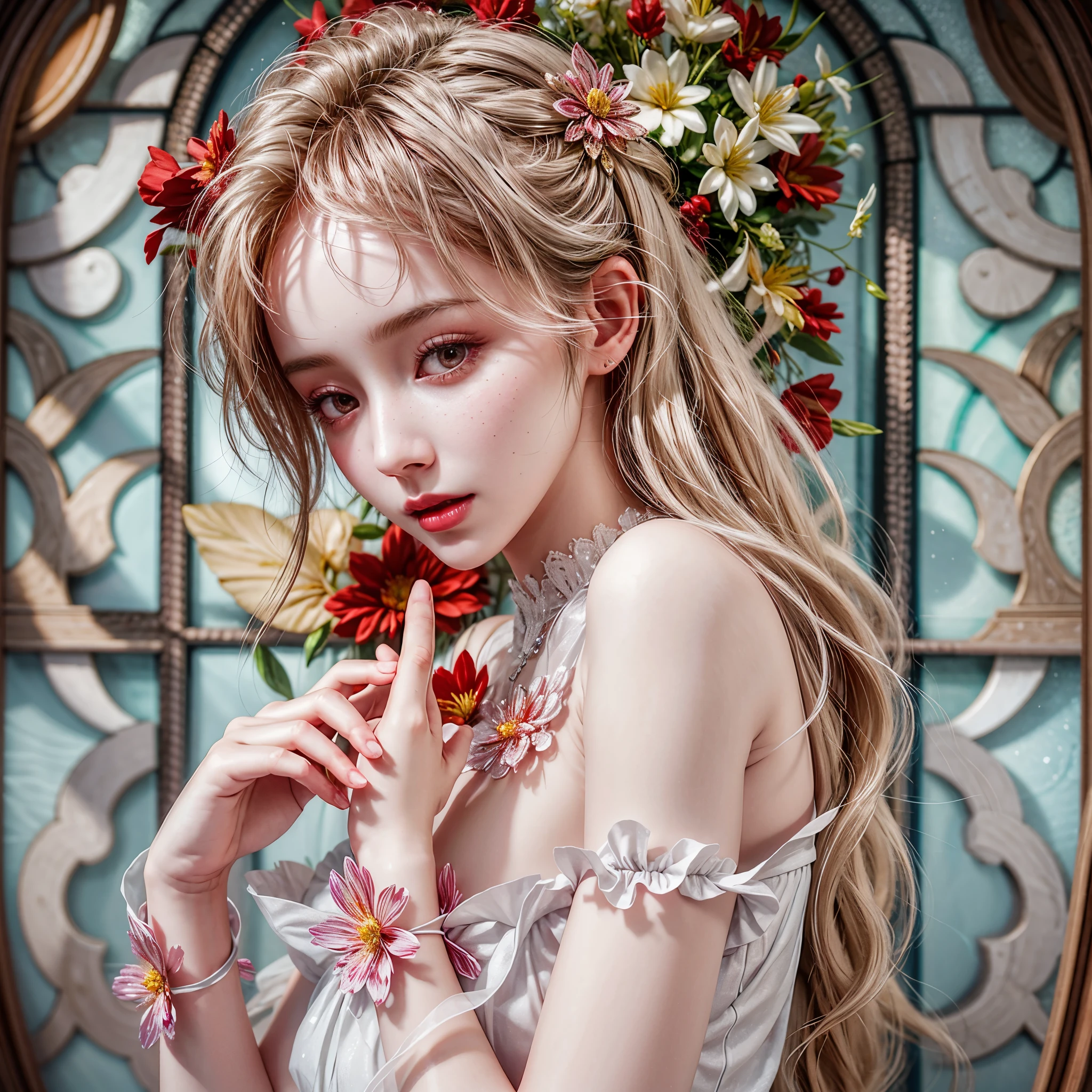 Sexy girl in ((WHITE)) and Delicate lace underwear, with Glossy RED lips, (Exposed:1.2), (nipple:-0.9), { closeup of Cute lips | Dynamic-angle }, ((Dazzling stained glass Background)), (( colorful Light shines through stunning elaborate stained glass:1.2)), vivid Red colors . ((Acutance:0.8, physically-based rendering)), (masterpiece:1.2), (ultra-detailed:1.35), (realistic, photorealistic, ((photo-realistic:1.37))with touch of rawness) . ((Renbutsu Misako)), (Extremely detailed KAWAII face variations, with Dynamic expressions),  detailed eyes with sparkling highlights, captivating gaze, long eyelashes, subtle blush on the face, rosy cheeks, impeccable oiled ivory skin texture . { full of flowers covering girl's body | Mystic sight | haze | Light Particle | Lens Particle | Lens Flare | Dazzling angle's Halo | Overflowing sideboob } . (((pretty pinky fingers, not Detailed fingers:-0.9))) .