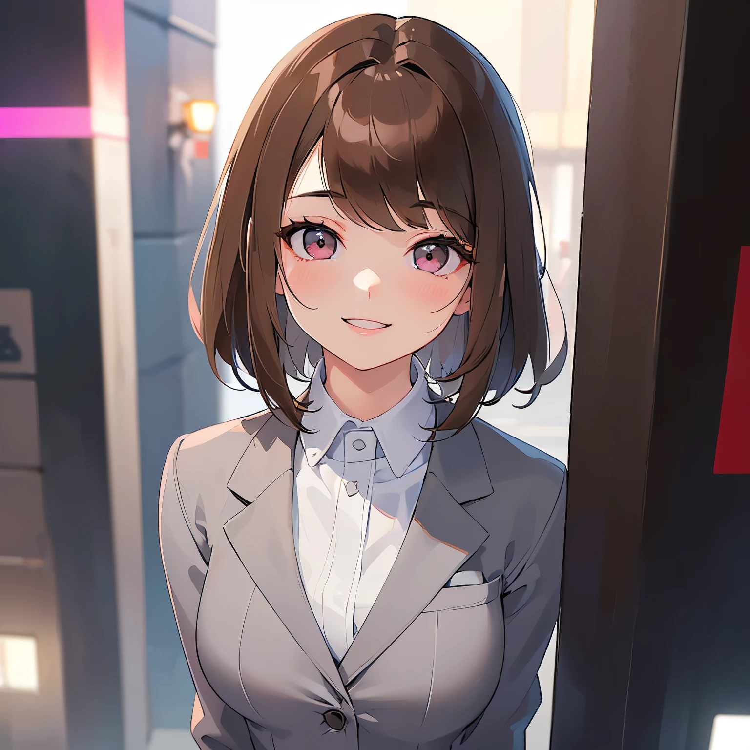 Shooting from above、masterpiece、top-quality、 (Medium hair with brown bangs:1.5), 25 year old woman with pink eyes、(Wearing a gray suit:1.5)、White crewneck shirt、Close-up of your face、(Smiling expression:1.3)、shy, blush, (Staring:1.1)、is standing、background is city at night、Bold composition、Upper body is shown、Alone、