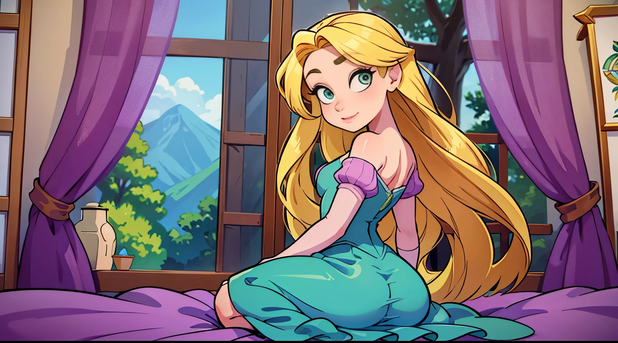 rapunzel com seu grande cabelo na cama, com a bunda para cima, olhos amarelos, cabelos amarelos, completamente naked, pelada, nua, disney, estilo 2d, view through the window of a tower in the middle of the forest