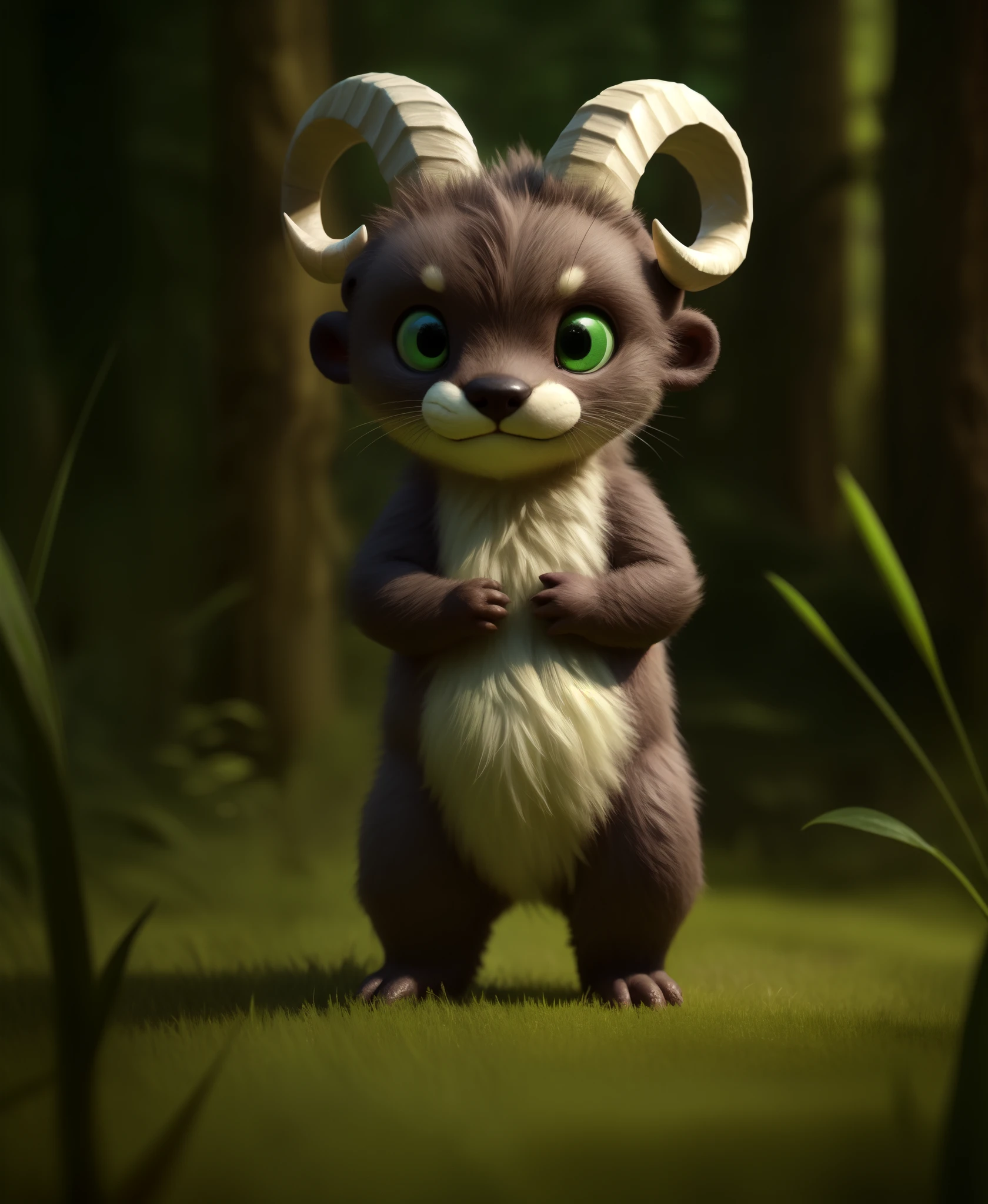 in the style of alsares,
male anthro cute lutrine otter with (curled ram horns:1.2) and detailed fur standing in forest with dense vegetation, tall grass, demon hybrid, chibi, adorable,
tail, detailed green eyes, hands_on_body,,
detailed_background, (photorealism:0.6), detailed fur, subsurface scattering, real life, depth of field,