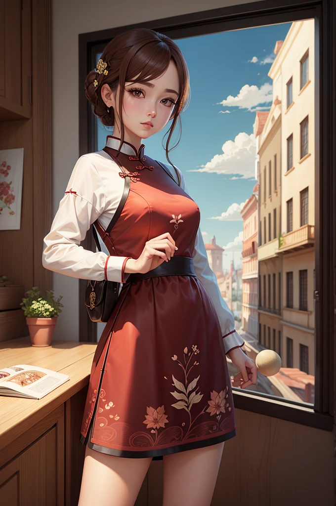 Illustration design, Personajes delicados, Windows, Mesas, brown hair, ojos grandes, Cheongsam largo