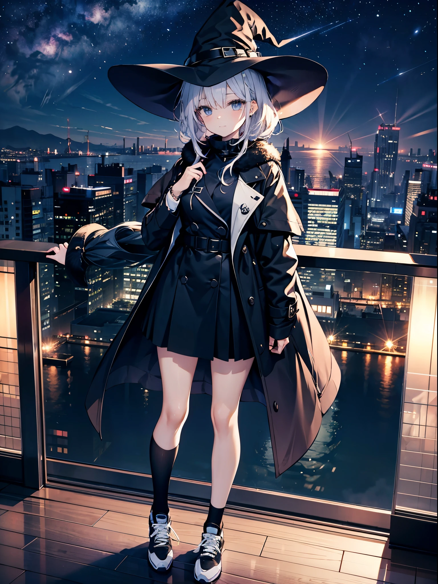 This is the rooftop of the tallest building in Tokyo.、You can look down on the city buildings from here.、It's night now、Woman wearing a large black witch hat with sapphire accessories、wearing a long black coat、She is wearing an office lady uniform、she is wearing a checked skirt、knee-length black stockings、black running shoes with white laces、Short, pure white loose lob hair、small tits、Epal look、The night view and stars are beautiful