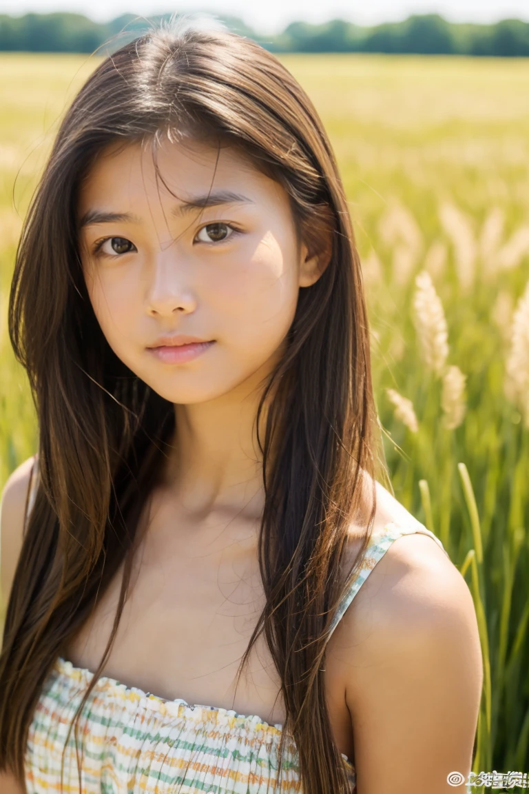 tanned beautiful girl、14years、Summer Dress、Wheat field、up of face、Hair growth、