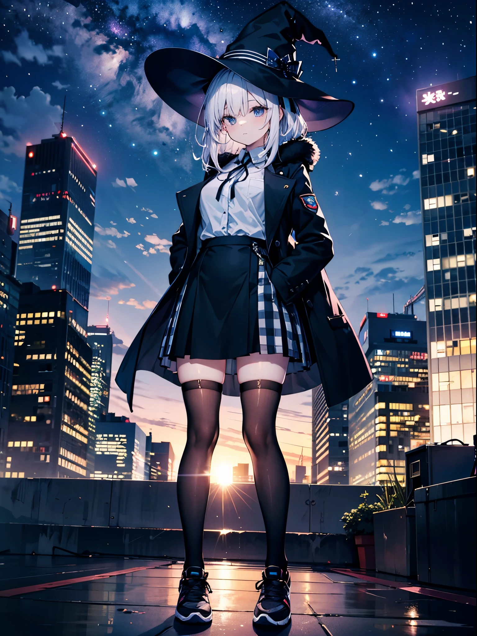 This is the rooftop of the tallest building in Tokyo.、You can look down on the city buildings from here.、It's night now、Woman wearing a large black witch hat with sapphire accessories、wearing a long black coat、She is wearing an office lady uniform、she is wearing a checked skirt、knee-length black stockings、black running shoes with white laces、Short, pure white loose lob hair、small tits、Epal look、The night view and stars are beautiful