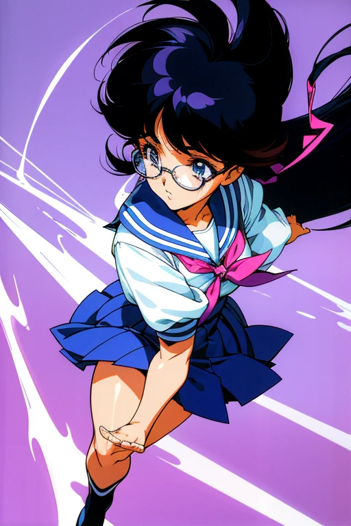 80&#39;s anime cute girls, 80s anime fog, Static still images like 80&#39;s anime, 1980s \(Style\), Long hair, Action Anime, thick thighs, Skirt, school girl outfit, High School Girl Sailor Suit, Young Girl, Black hair, Glasses, nerdy woman, black and white school girl outfit ,