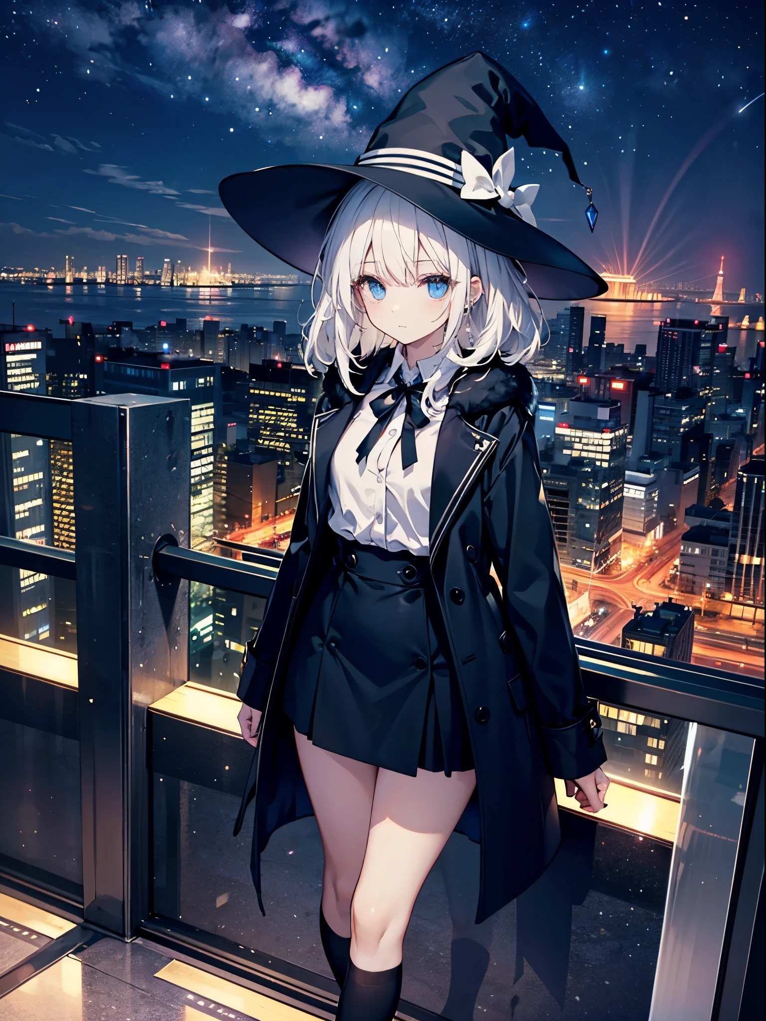 This is the rooftop of the tallest building in Tokyo.、You can look down on the city buildings from here.、It's night now、Woman wearing a large black witch hat with sapphire accessories、wearing a long black coat、She is wearing an office lady uniform、she is wearing a checked skirt、knee-length black stockings、black running shoes with white laces、Short, pure white loose lob hair、small tits、Epal look、The night view and stars are beautiful