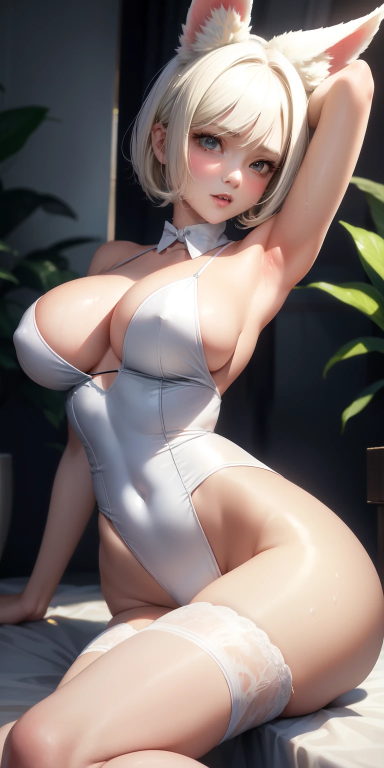 (Masterpice), (HD), (Detailed) ,( piece of art), blonde haired woman in white top and bunny ears posing for camera, massage room, massage girl, wet, oiled body, , very beautiful cute catgirl, beautiful young catgirl, white cat girl, perfect white haired girl, her hair is white, she has a cute face, attractive cat girl, blonde goddess, girl with short white hair, young and cute girl, she has a cute expressive face, amouranth