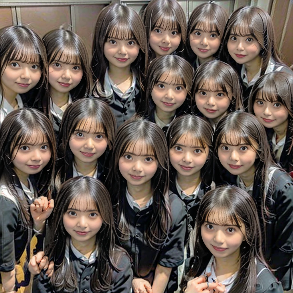 Raw photo、(((multiple girls))),((((6+girls)))),((((100girls)))),((((1000girls))))、((((100 Girls))))、Women only、((Everyone has the same face)),((matching school uniform))、、Long black hair、japanes、100 cute high school girls、a smile、Classroom、selfee、same person、(((Large group)))、High school students