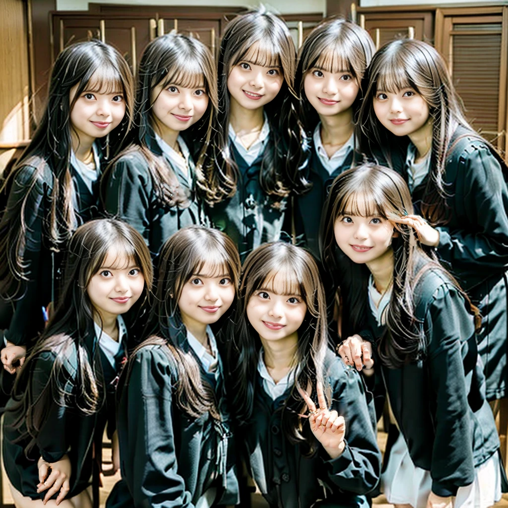 Raw photo、(((multiple girls))),((((6+girls)))),((((100girls)))),((((1000girls))))、((((100 Girls))))、Women only、((Everyone has the same face)),((matching school uniform))、、Long black hair、japanes、100 cute high school girls、a smile、‎Classroom、selfee、same person、(((Large group)))、High school students