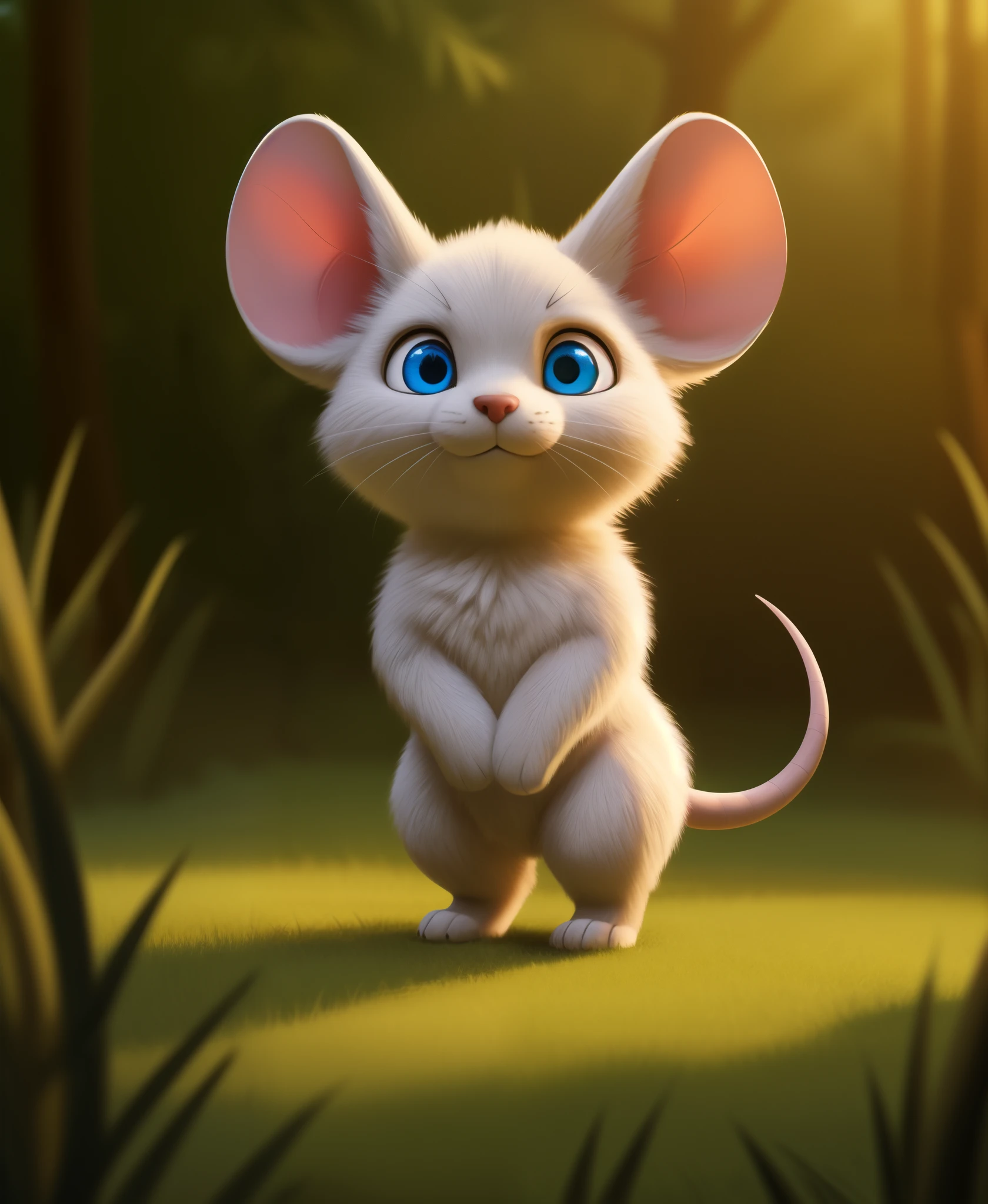 in the style of alsares,

male anthro cute mouse with detailed fur standing in forest with dense vegetation, tall grass, demon hybrid, chibi, adorable,

tail, detailed blue eyes, hands_on_body,

detailed_background, (photorealism:0.6), detailed fur, subsurface scattering, real life, depth of field,