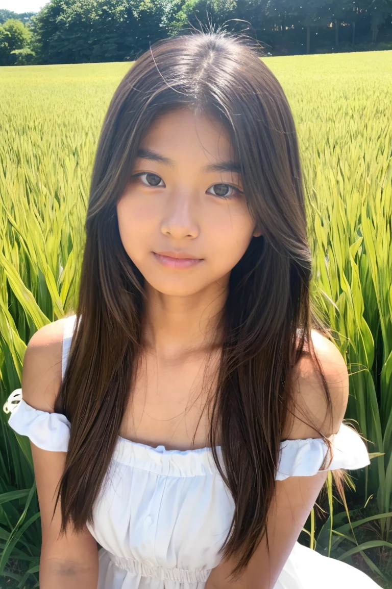 tanned beautiful girl、15yo student、Summer Dress、Wheat field、up of face、Hair growth、