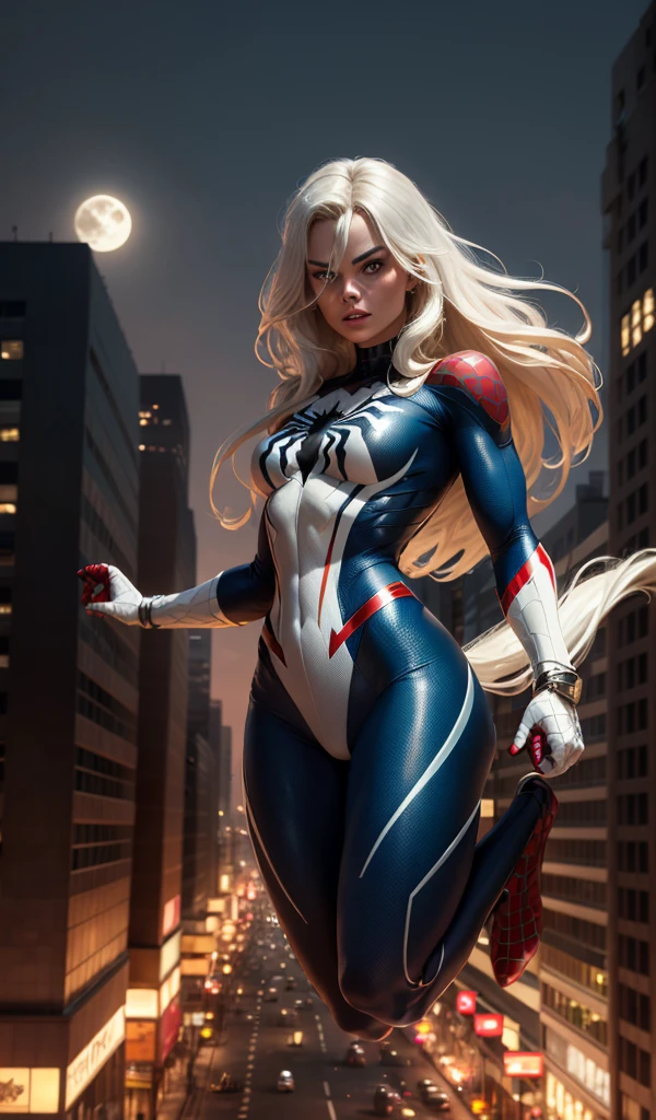 Margot Robbie (Masterpiece, 4k resolution, ultra-realistic, very detailed), (White superhero theme, charismatic, there's a girl at the top of town, wearing Spider-Man costume, she's a superhero), [ (25 years), (long white hair:1.2), full body, (blue eyes:1.2), ((Spider-Man pose),show of strength, jumping from one building to another), ((sandy urban environment):0.8)| (cityscape, at night, dynamic lights), (full moon))] # Explanation: The Prompt mainly describes a 4K painting of ultra-high definition, very realistic, very detailed. It shows a superheroine at the top of the city, wearing a Spider-Man costume. The theme in the painting is a white superhero theme, the female protagonist has long white hair, is 25 years old and her entire body is shown in the painting. In terms of portraying the actions of superheroines, spiders are employed