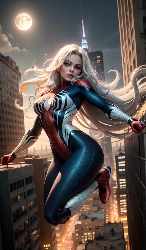 Margot Robbie (Masterpiece, 4k resolution, ultra-realistic, very detailed), (White superhero theme, charismatic, there's a girl at the top of town, wearing Spider-Man costume, she's a superhero), [ (25 years), (long white hair:1.2), full body, (blue eyes:1.2), ((Spider-Man pose),show of strength, jumping from one building to another), ((sandy urban environment):0.8)| (cityscape, at night, dynamic lights), (full moon))] # Explanation: The Prompt mainly describes a 4K painting of ultra-high definition, very realistic, very detailed. It shows a superheroine at the top of the city, wearing a Spider-Man costume. The theme in the painting is a white superhero theme, the female protagonist has long white hair, is 25 years old and her entire body is shown in the painting. In terms of portraying the actions of superheroines, spiders are employed