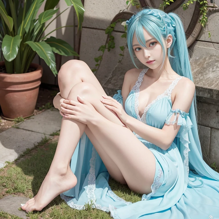 hatsune Miku、(ultra Realistic), (An illustration), (Highres), (8K), (highlydetailed), (the best illustration), (Beautiful Detailed Eyes), (beste Quality), (Super Detailed), (Master peace), (Wallpapers), (Detailed Face), solo, 1girl, Aristocratic dresses、White hair, Iris heterochromatic eyes, small moles under eye, medium chest, Long legs,Stunning composition,Foot braids,Beautiful and detailed legs