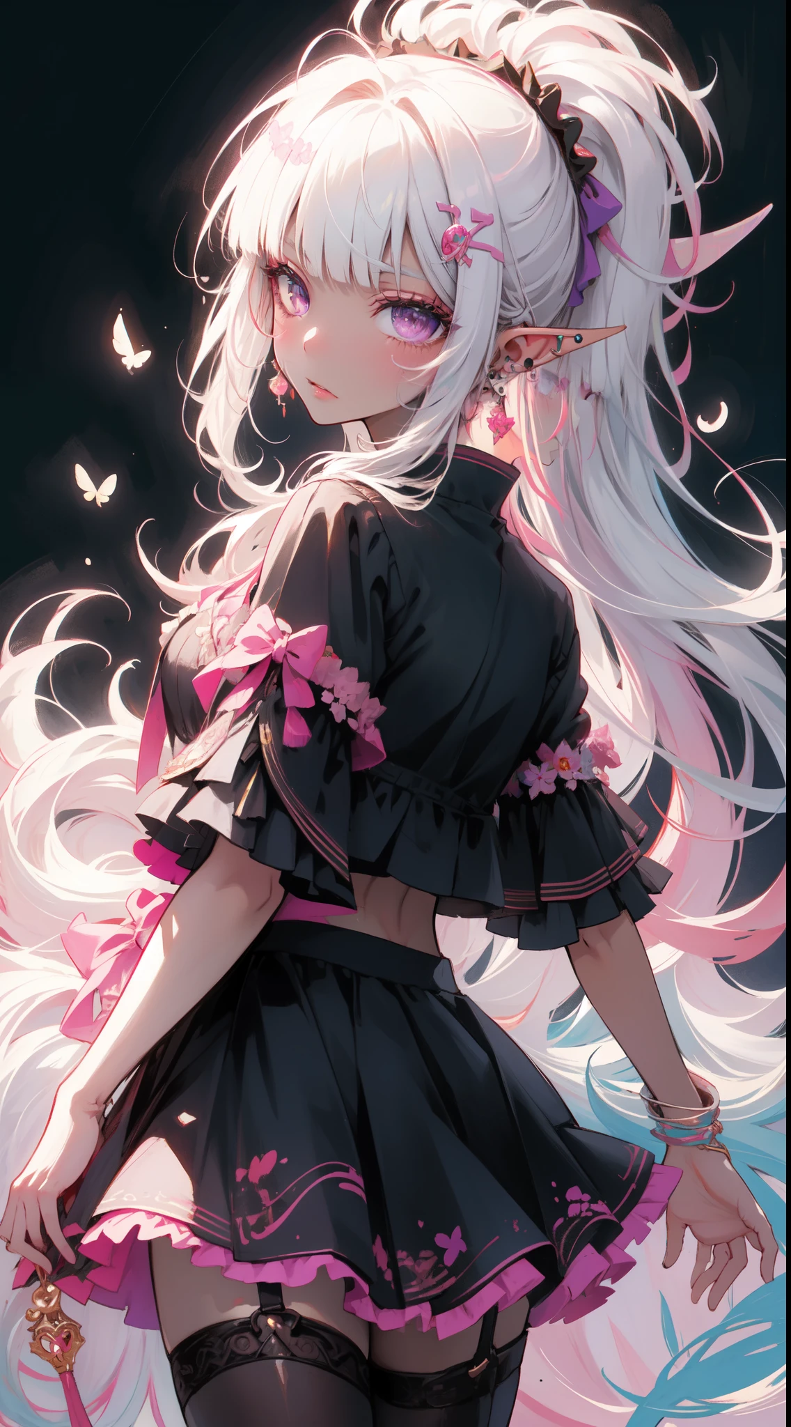 (masterpiece, top quality, best quality, official art, beautiful and aesthetic:1.2), ((dark elf)), ((1girl)), extreme detailed, (fractal art:1.3),colorful,highest detailed, portrait, from behind,  in the style art by Artgerm, by wadim kashin, by Kawacy, by Yoshitaka Amano, BREAK, insanely detailed face, details eye, Blunt bangs, white hair, (hair between eye), eyelashes, violet eyes, eyeshadow, pink eyeshadow, (Dark skin:1.1), BREAK, corsages, jirai kei, (jirai kei fashion:1.1), Frills, Skirts, Various accessories, (ear piercing), punky style, Japanese subculture, fashion, Stockings, colorful, (Dark circles:1.2),