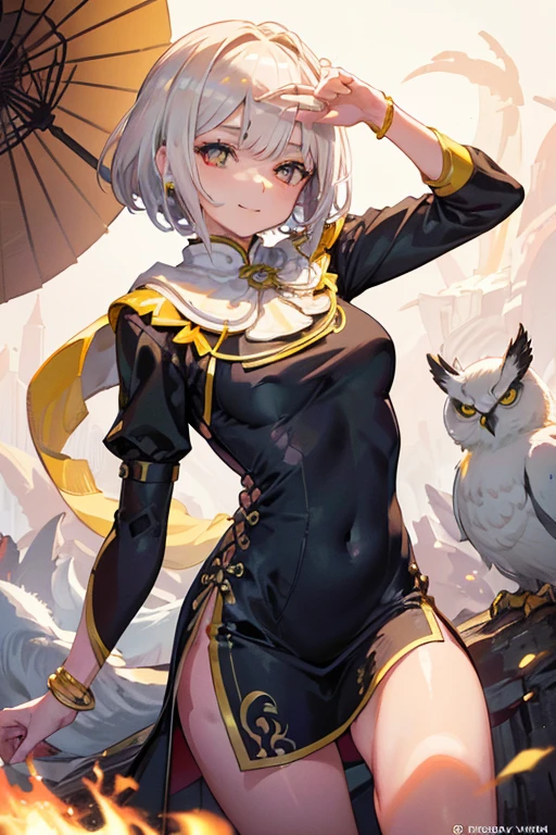 (Masterpiece: 1.5, Best quality, High resolution: 1.3, Super resolution, Super detailed, Ultra detailed: 1.3, Rich background: 1.2, 1 girl)) pale skin + ash blonde hair + golden left eye, gray right eye + eyelashes long bottoms + short pixie hair + longer right bangs covering right eye + medium chest + elegant hands (Chinese inspired outfit, tight qipao dress long sleeves, open to see thighs, intricate details, intricate jewelry, delicate forehead accessory, bracelets, light on the thigh with jade, fluffy feather scarf large, owl perched on her hand) ((gentle smile, pose rising from the ground, perspective scattered white feathers, fire yellow/white background)) (colors used: gold, white, light blue, red, black, gray,)