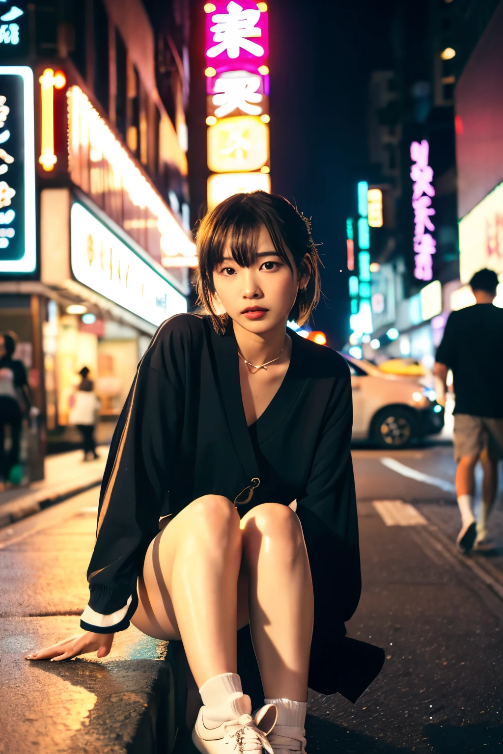 ((Best Quality)), ((masutepiece)), (Cinematic aesthetics:1.4) Beautiful Korean fashion model bokeh city night photo,Footjob