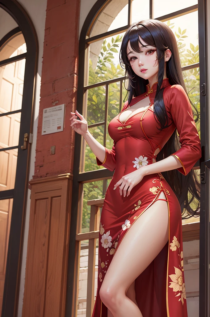 Illustration design, Personajes delicados, Windows, Mesas, cabello color rojo, ojos grandes, Cheongsam largo